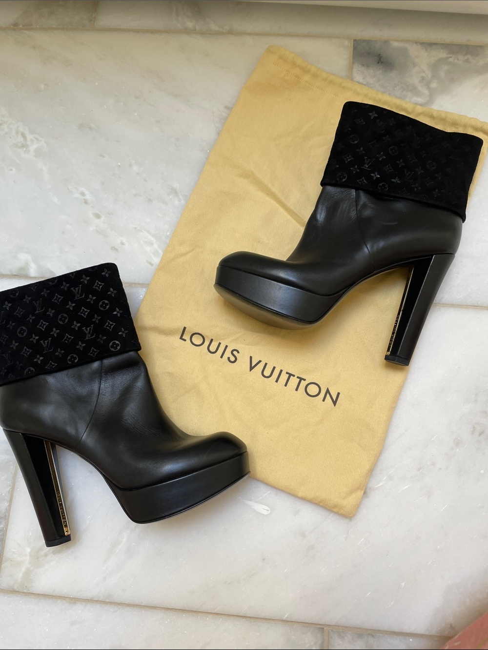 Louis Vuitton Black Leather Platform Ankle Boots with Monogram Velvet Cuff